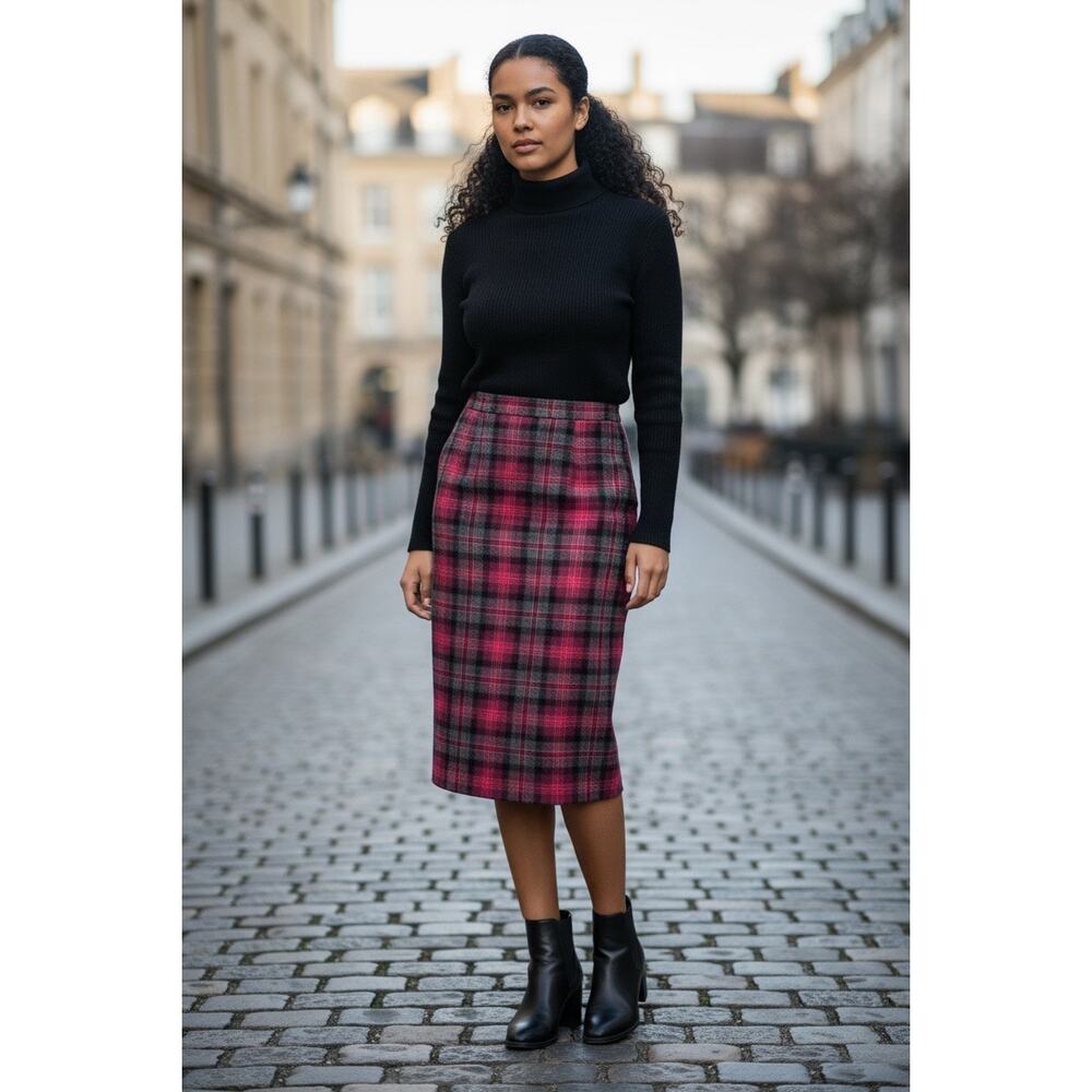 Vintage Edinburgh Woolen Mill Plaid Tartan Skirt Size 12 Red Black Pleated Midi